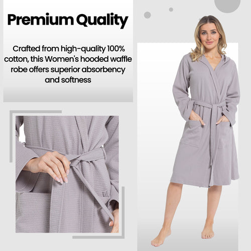 OLIVIA ROCCO Women's Hooded Waffle Cotton Bathrobe Grey 100% Cotton Super Absorbent Spa