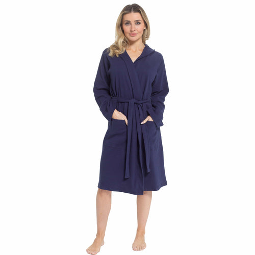 OLIVIA ROCCO Women's Hooded Waffle Cotton Bathrobe Navy 100% Cotton Super Absorbent Spa