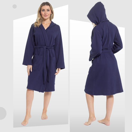 OLIVIA ROCCO Women's Hooded Waffle Cotton Bathrobe Navy 100% Cotton Super Absorbent Spa