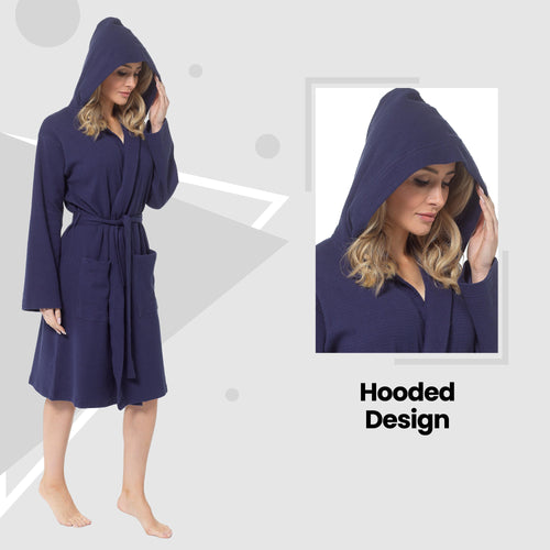 OLIVIA ROCCO Women's Hooded Waffle Cotton Bathrobe Navy 100% Cotton Super Absorbent Spa