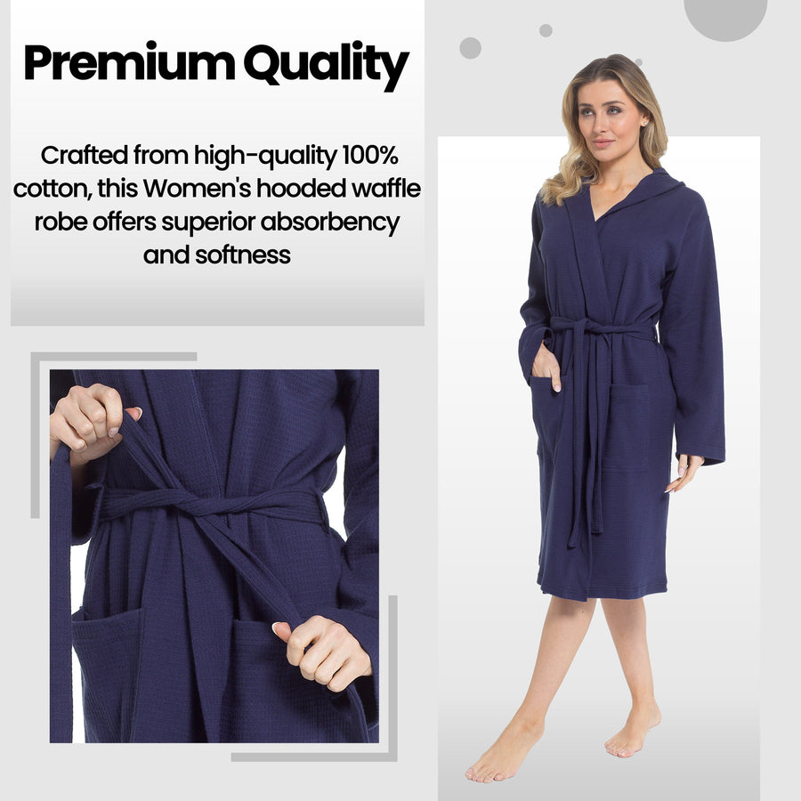 OLIVIA ROCCO Women's Hooded Waffle Cotton Bathrobe Navy 100% Cotton Super Absorbent Spa