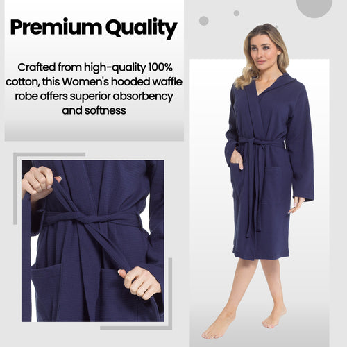 OLIVIA ROCCO Women's Hooded Waffle Cotton Bathrobe Navy 100% Cotton Super Absorbent Spa