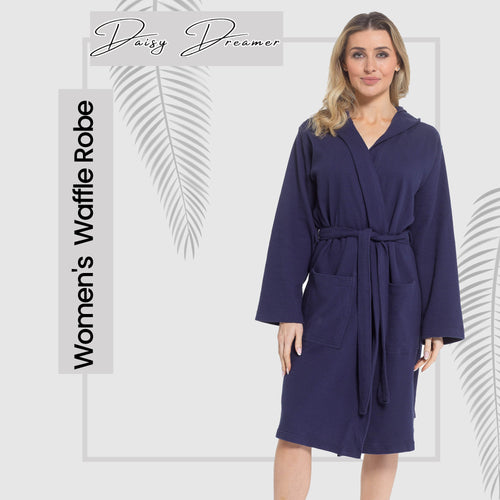 OLIVIA ROCCO Women's Hooded Waffle Cotton Bathrobe Navy 100% Cotton Super Absorbent Spa