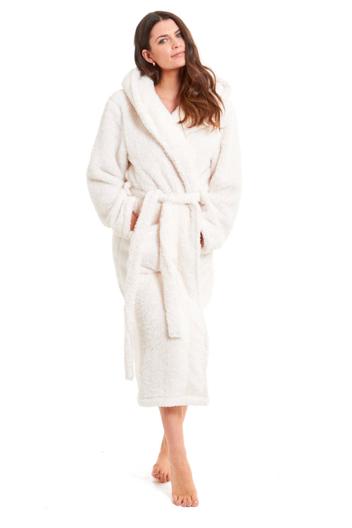 OLIVIA ROCCO Cream Snuggle Fleece Hooded Robe For Women Velvet Touch Plush Dressing Gown