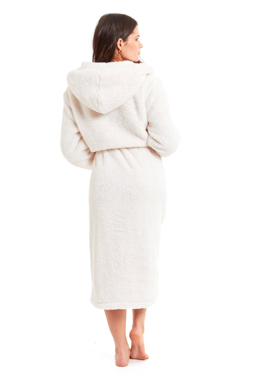 OLIVIA ROCCO Cream Snuggle Fleece Hooded Robe For Women Velvet Touch Plush Dressing Gown