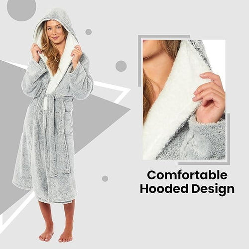 OLIVIA ROCCO Womens Shimmer Fleece Hooded Bath Robe Soft Plush Luxury Dressing Gown Grey Cosy Easy-Care Nightwear Set