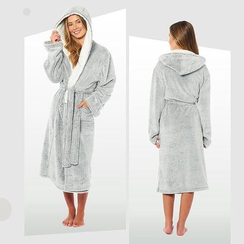 OLIVIA ROCCO Womens Shimmer Fleece Hooded Bath Robe Soft Plush Luxury Dressing Gown Grey Cosy Easy-Care Nightwear Set