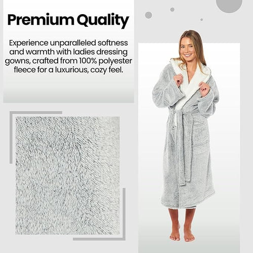 OLIVIA ROCCO Womens Shimmer Fleece Hooded Bath Robe Soft Plush Luxury Dressing Gown Grey Cosy Easy-Care Nightwear Set