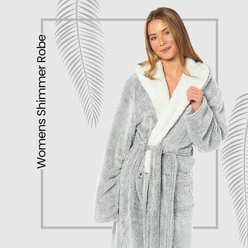 OLIVIA ROCCO Womens Shimmer Fleece Hooded Bath Robe Soft Plush Luxury Dressing Gown Grey Cosy Easy-Care Nightwear Set
