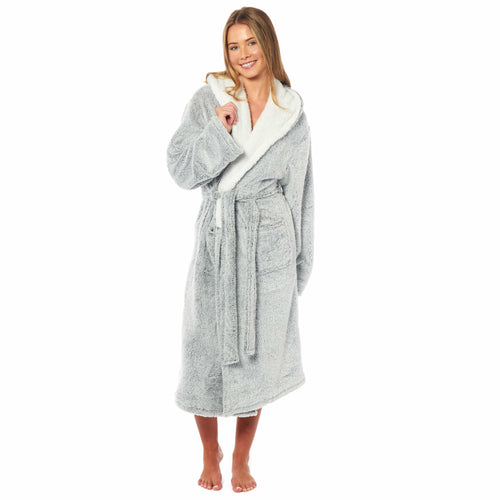 OLIVIA ROCCO Womens Shimmer Fleece Hooded Bath Robe Soft Plush Luxury Dressing Gown Grey Cosy Easy-Care Nightwear Set