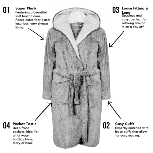 OLIVIA ROCCO Women's Shimmer Grey Plush Fleece Hooded Robe With Ultra Soft Sherpa Lining