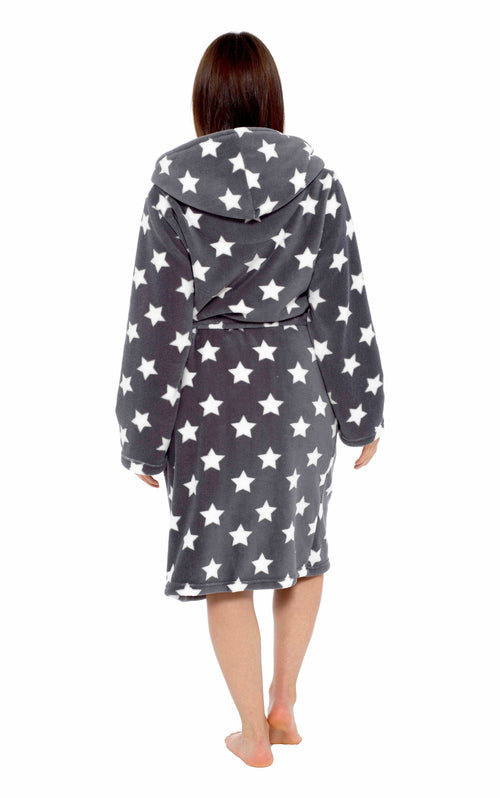 OLIVIA ROCCO Hooded Plush Fleece Robe Star Grey With Ultra Soft Sherpa Fur Lining