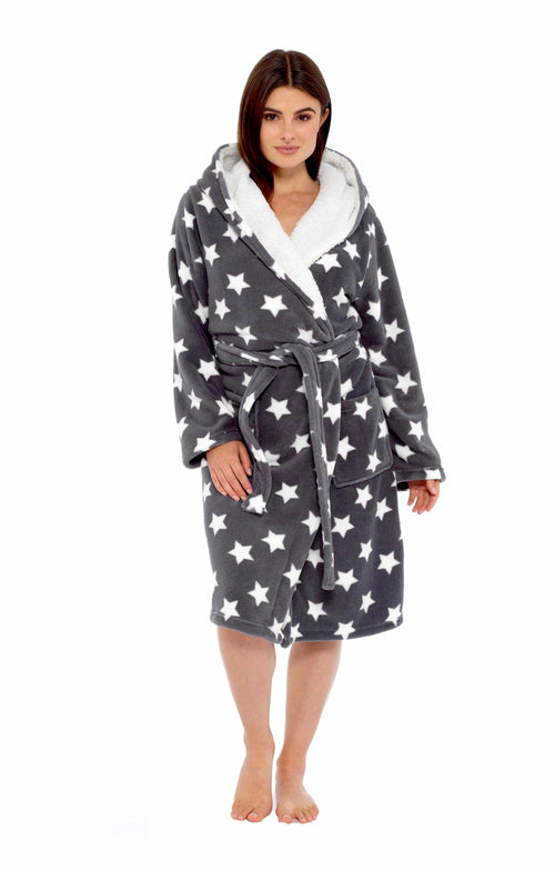 OLIVIA ROCCO Hooded Plush Fleece Robe Star Grey With Ultra Soft Sherpa Fur Lining