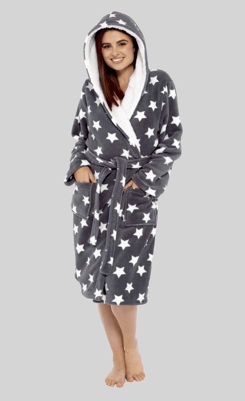 OLIVIA ROCCO Hooded Plush Fleece Robe Star Grey With Ultra Soft Sherpa Fur Lining
