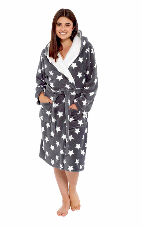 OLIVIA ROCCO Hooded Plush Fleece Robe Star Grey With Ultra Soft Sherpa Fur Lining