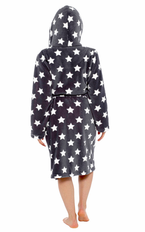 OLIVIA ROCCO Hooded Plush Fleece Robe Star Grey With Ultra Soft Sherpa Fur Lining