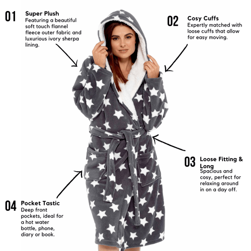 OLIVIA ROCCO Hooded Plush Fleece Robe Star Grey With Ultra Soft Sherpa Fur Lining