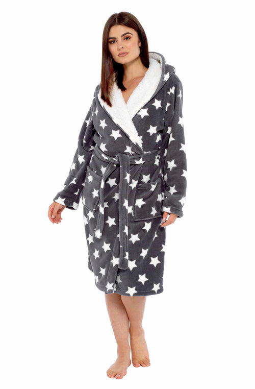 OLIVIA ROCCO Hooded Plush Fleece Robe Star Grey With Ultra Soft Sherpa Fur Lining