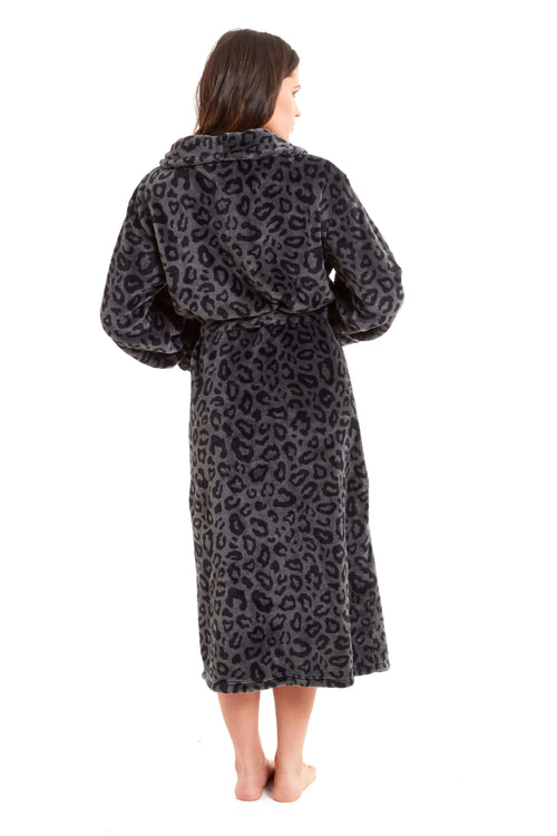 OLIVIA ROCCO Robe Women's Black Leopard Print Plush Fleece Long With Shawl Collar Pockets