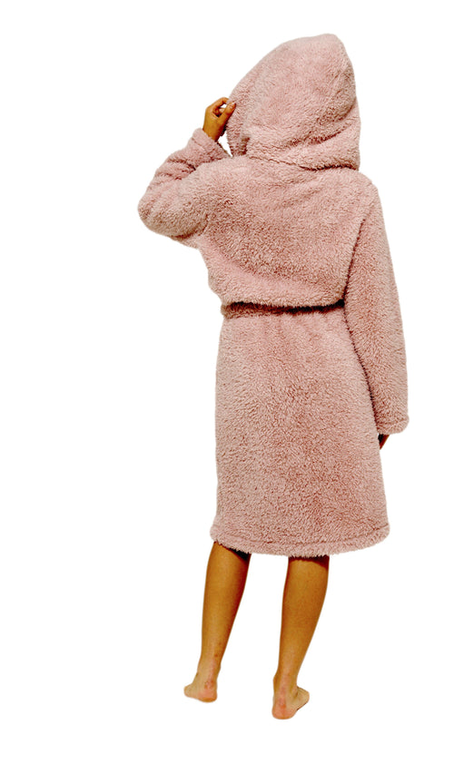 OLIVIA ROCCO Teddy Fleece Hooded Robe Dusky Pink With Sherpa Lining Ultra Soft Dressing