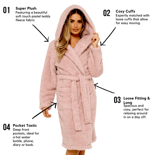 OLIVIA ROCCO Teddy Fleece Hooded Robe Dusky Pink With Sherpa Lining Ultra Soft Dressing