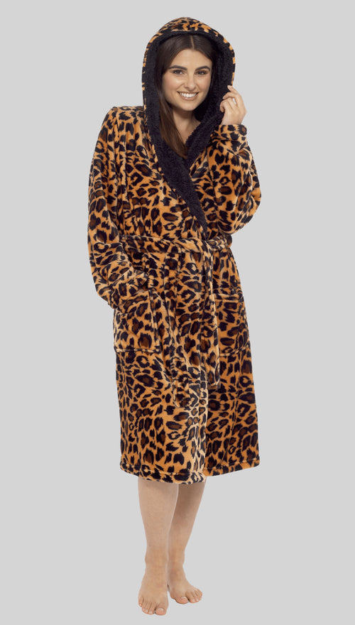 OLIVIA ROCCO Women's Leopard Plush Fleece Hooded Robe With Sherpa Lining Cosy Thermal