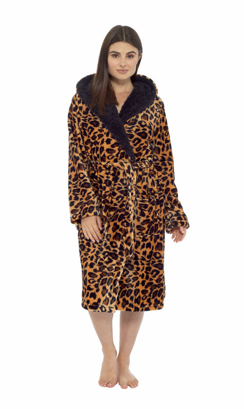 OLIVIA ROCCO Women's Leopard Plush Fleece Hooded Robe With Sherpa Lining Cosy Thermal