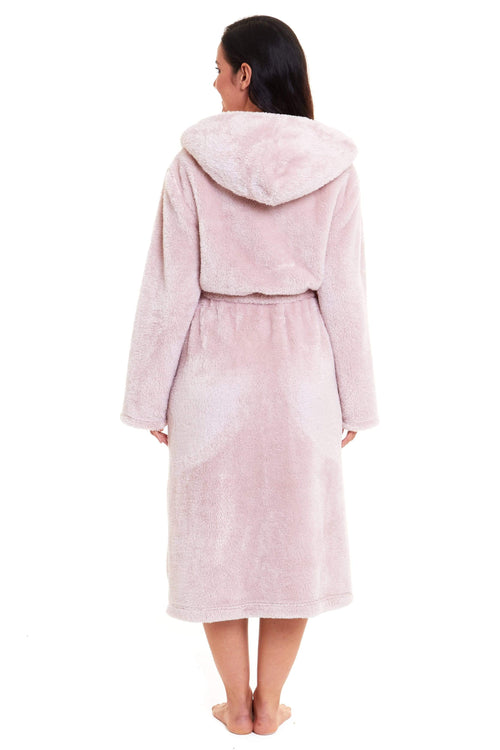 OLIVIA ROCCO Women's Pink Snuggle Fleece Hooded Robe Velvet Touch Dressing Gown Super Soft Cosy Home Loungewear