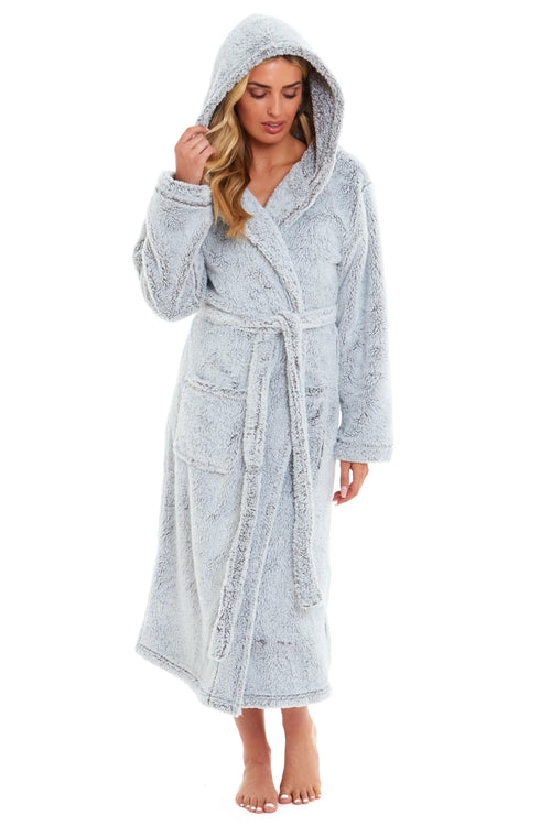 OLIVIA ROCCO Women's Shimmer Grey Snuggle Velvet Touch Fleece Hooded Robe Dressing Gown