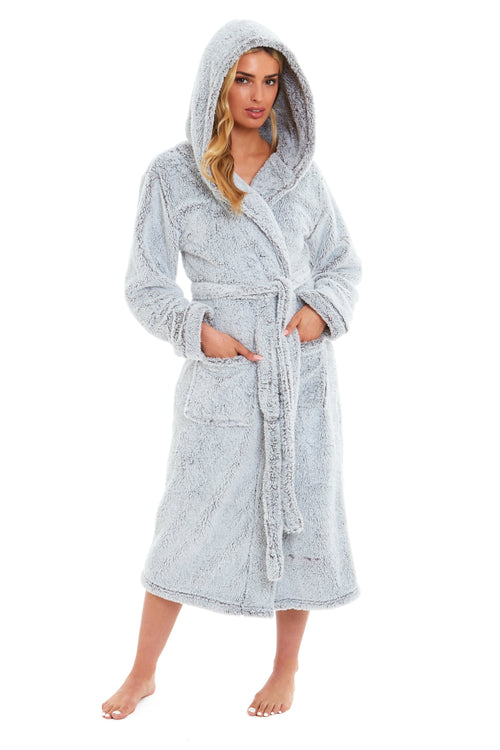 OLIVIA ROCCO Women's Shimmer Grey Snuggle Velvet Touch Fleece Hooded Robe Dressing Gown