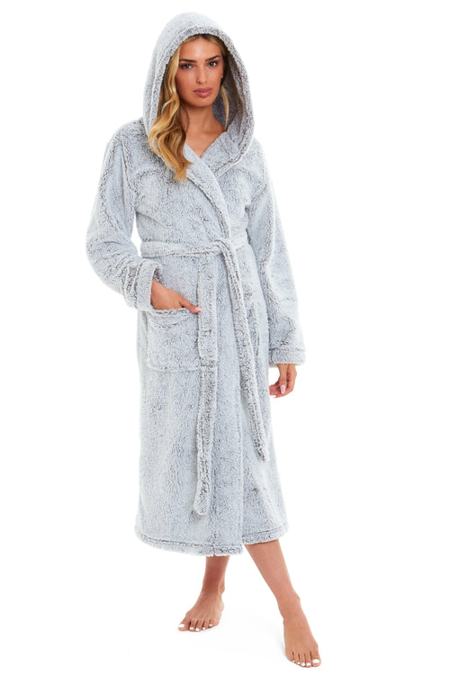 OLIVIA ROCCO Women's Shimmer Grey Snuggle Velvet Touch Fleece Hooded Robe Dressing Gown
