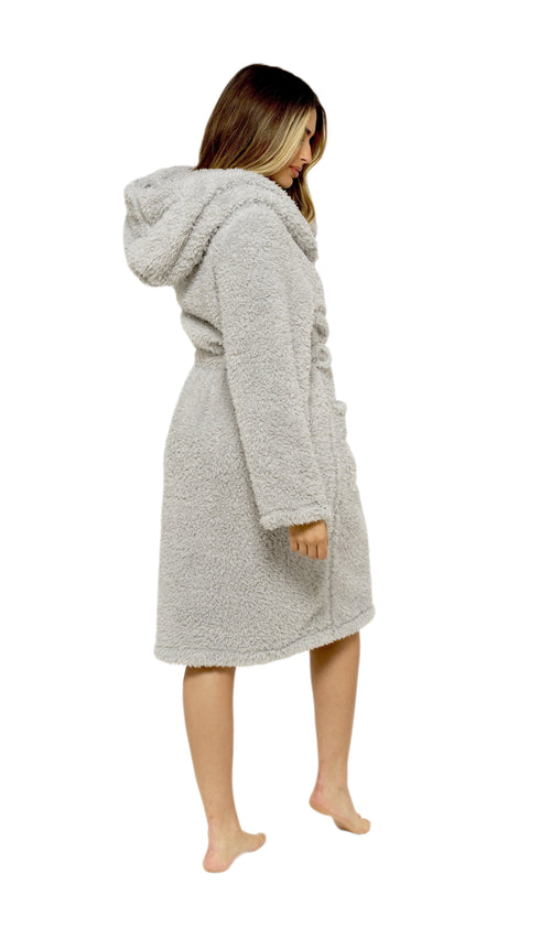 OLIVIA ROCCO Women's Teddy Fleece Hooded Robe Grey Sherpa Lined Ultra Soft Dressing Gown