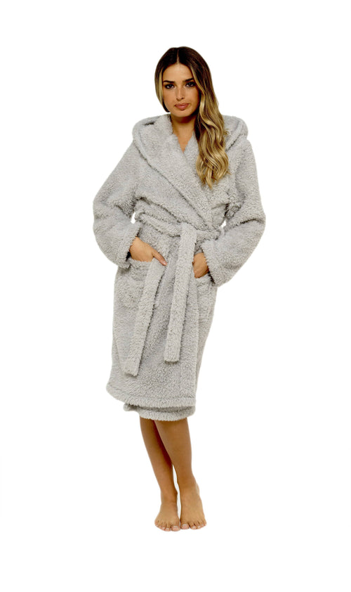 OLIVIA ROCCO Women's Teddy Fleece Hooded Robe Grey Sherpa Lined Ultra Soft Dressing Gown