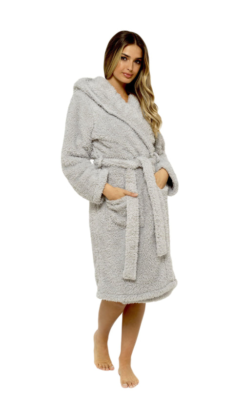 OLIVIA ROCCO Women's Teddy Fleece Hooded Robe Grey Sherpa Lined Ultra Soft Dressing Gown
