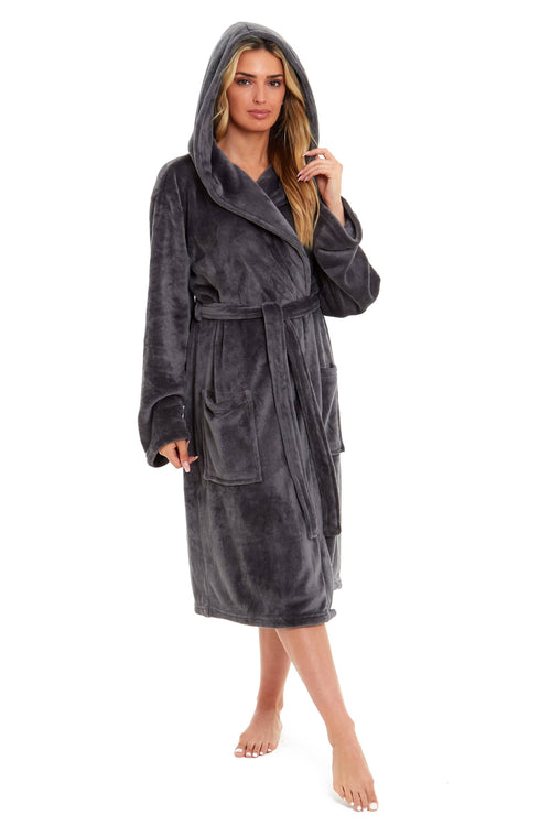 OLIVIA ROCCO Women's Hooded Plush Fleece Dressing Gown Ultra-Soft Velvet Bathrobe