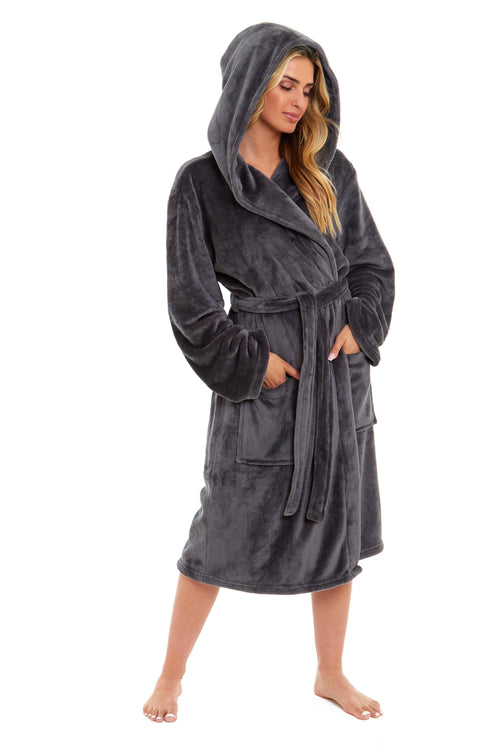 OLIVIA ROCCO Women's Hooded Plush Fleece Dressing Gown Ultra-Soft Velvet Bathrobe