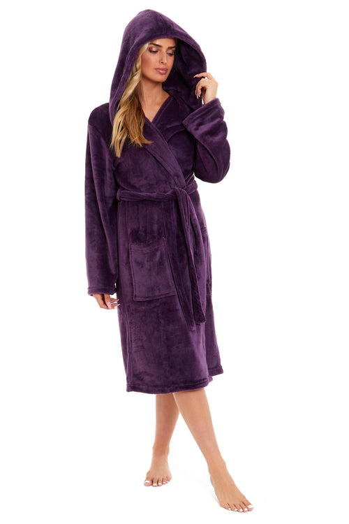 OLIVIA ROCCO Women's Hooded Plush Fleece Dressing Gown Ultra-Soft Velvet Bathrobe