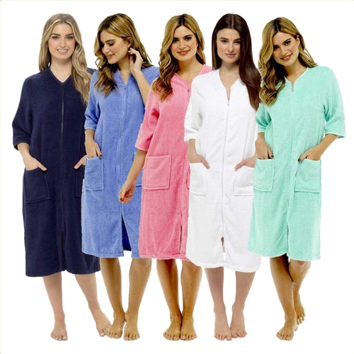 OLIVIA ROCCO Women's Terry Towelling Zip-Through Bathrobe 100% Cotton Ultra Absorbent