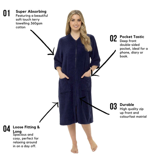 OLIVIA ROCCO Women's Terry Towelling Zip-Through Bathrobe 100% Cotton Ultra Absorbent