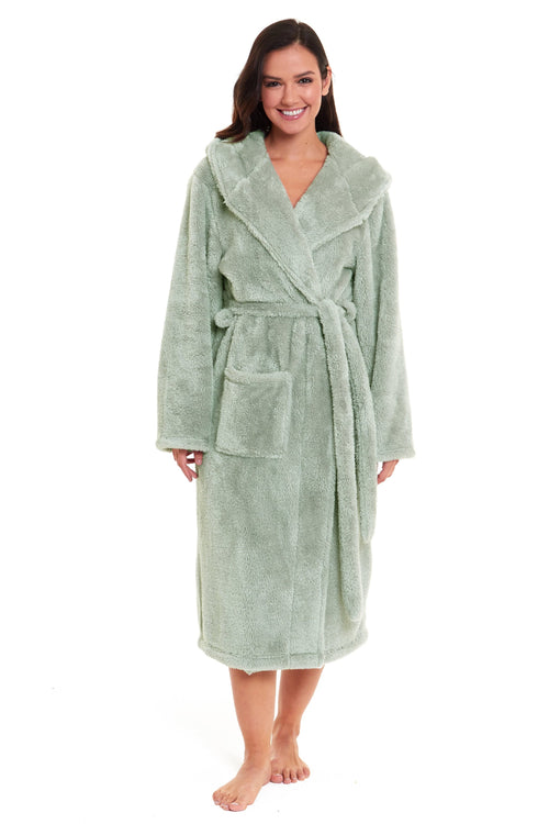 OLIVIA ROCCO Womens Sage Green Fleece Touch Hooded Robe Extra Long Ultra Soft Velvet-Feel