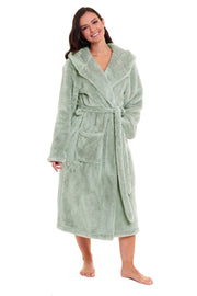 OLIVIA ROCCO Womens Sage Green Fleece Touch Hooded Robe Extra Long Ultra Soft Velvet-Feel