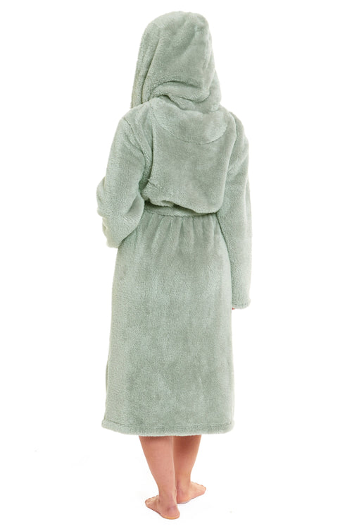 OLIVIA ROCCO Womens Sage Green Fleece Touch Hooded Robe Extra Long Ultra Soft Velvet-Feel