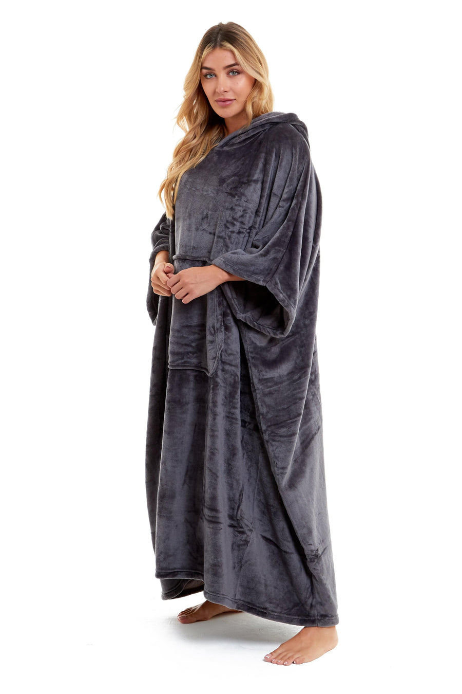 OLIVIA ROCCO Women's Oversized Hooded Poncho Blanket Plush Fleece Navy Charcoal Cosy Sofa and Bedroom Layering