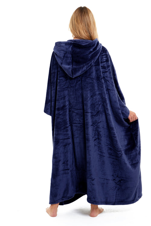 OLIVIA ROCCO Women's Oversized Hooded Poncho Blanket Plush Fleece Navy Charcoal Cosy Sofa and Bedroom Layering