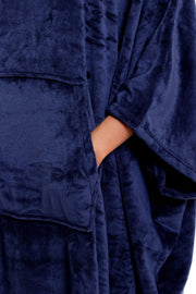 OLIVIA ROCCO Women's Oversized Hooded Poncho Blanket Plush Fleece Navy Charcoal Cosy Sofa and Bedroom Layering