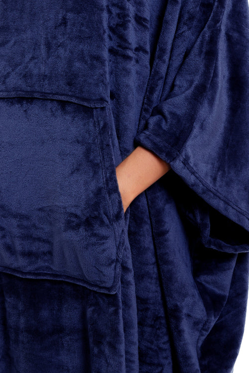 OLIVIA ROCCO Women's Oversized Hooded Poncho Blanket Plush Fleece Navy Charcoal Cosy Sofa and Bedroom Layering