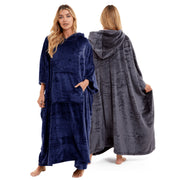 OLIVIA ROCCO Women's Oversized Hooded Poncho Blanket Plush Fleece Navy Charcoal Cosy Sofa and Bedroom Layering