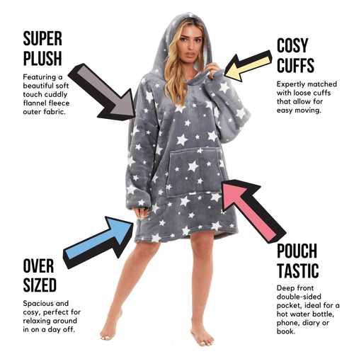 OLIVIA ROCCO Oversized Hooded Blanket Reversible Sherpa Fleece Grey Stars Easy Care