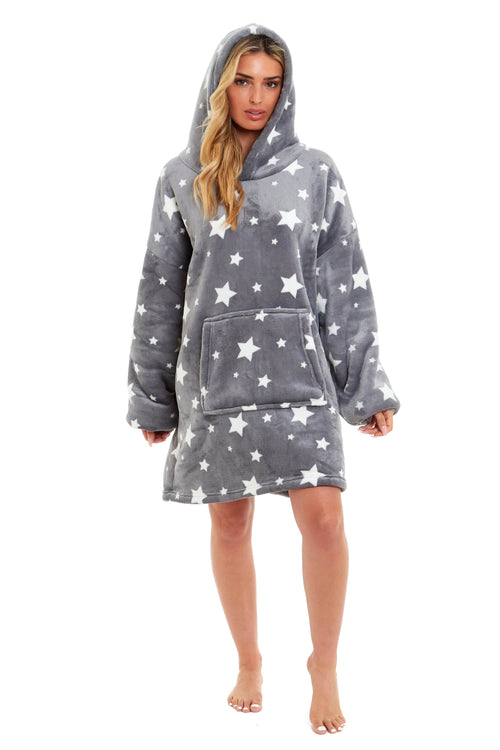 OLIVIA ROCCO Oversized Hooded Blanket Reversible Sherpa Fleece Grey Stars Easy Care