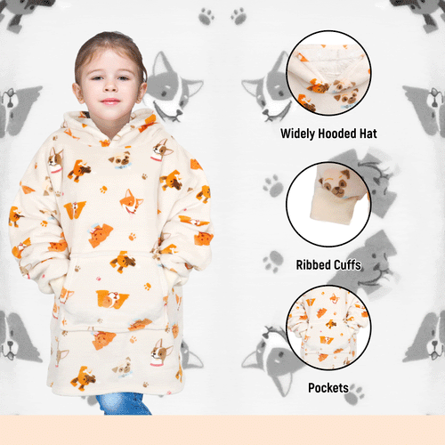 OLIVIA ROCCO Kids Oversized Hooded Blanket Hoodie Sherpa Fur Fleece Dogs Pattern